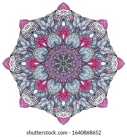 Mandala, tracery wheel mehndi design. Ethnic ornament, colorful doodle symmetry texture. Folk traditional spiritual tribal design. Curved shape, isolated on white. Color art. Vector
