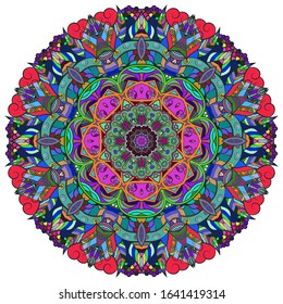 Mandala, tracery wheel mehndi design. Ethnic ornament, colorful doodle symmetry texture. Folk traditional spiritual tribal design. Curved shape, isolated on white. Color art. Vector