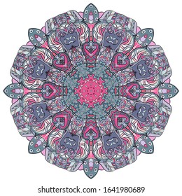 Mandala, tracery wheel mehndi design. Ethnic ornament, colorful doodle symmetry texture. Folk traditional spiritual tribal design. Curved shape, isolated on white. Color art. Vector