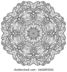 Mandala, tracery wheel mehndi design. Ethnic ornament, doodle symmetry texture. Folk traditional spiritual tribal design. Curved shape, isolated on white. Binary monochrome black and white art. Vector