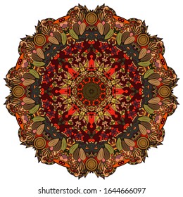 Mandala, tracery wheel mehndi design. Ethnic ornament, colorful doodle symmetry texture. Folk traditional spiritual tribal design. Curved shape, isolated on white. Color art. Vector