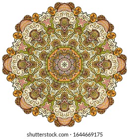 Mandala, tracery wheel mehndi design. Ethnic ornament, colorful doodle symmetry texture. Folk traditional spiritual tribal design. Curved shape, isolated on white. Color art. Vector