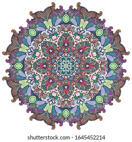 Mandala, tracery wheel mehndi design. Ethnic ornament, colorful doodle symmetry texture. Folk traditional spiritual tribal design. Curved shape, isolated on white. Color art. Vector