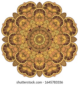 Mandala, tracery wheel mehndi design. Ethnic ornament, colorful doodle symmetry texture. Folk traditional spiritual tribal design. Curved shape, isolated on white. Color art. Vector
