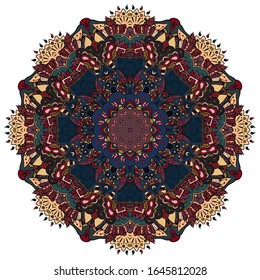Mandala, tracery wheel mehndi design. Ethnic ornament, colorful doodle symmetry texture. Folk traditional spiritual tribal design. Curved shape, isolated on white. Color art. Vector