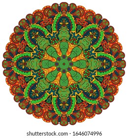 Mandala, tracery wheel mehndi design. Ethnic ornament, colorful doodle symmetry texture. Folk traditional spiritual tribal design. Curved shape, isolated on white. Color art. Vector
