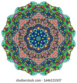 Mandala, tracery wheel mehndi design. Ethnic ornament, colorful doodle symmetry texture. Folk traditional spiritual tribal design. Curved shape, isolated on white. Color art. Vector