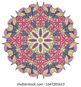 Mandala, tracery wheel mehndi design. Ethnic ornament, colorful doodle symmetry texture. Folk traditional spiritual tribal design. Curved shape, isolated on white. Color art. Vector