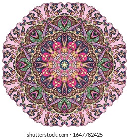 Mandala, tracery wheel mehndi design. Ethnic ornament, colorful doodle symmetry texture. Folk traditional spiritual tribal design. Curved shape, isolated on white. Color art. Vector