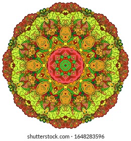Mandala, tracery wheel mehndi design. Ethnic ornament, colorful doodle symmetry texture. Folk traditional spiritual tribal design. Curved shape, isolated on white. Color art. Vector