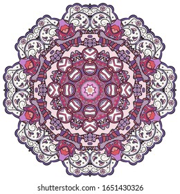 Mandala, tracery wheel mehndi design. Ethnic ornament, colorful doodle symmetry texture. Folk traditional spiritual tribal design. Curved shape, isolated on white. Color art. Vector