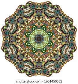 Mandala, tracery wheel mehndi design. Ethnic ornament, colorful doodle symmetry texture. Folk traditional spiritual tribal design. Curved shape, isolated on white. Color art. Vector