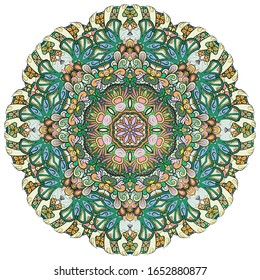 Mandala, tracery wheel mehndi design. Ethnic ornament, colorful doodle symmetry texture. Folk traditional spiritual tribal design. Curved shape, isolated on white. Color art. Vector