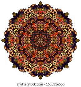 Mandala, tracery wheel mehndi design. Ethnic ornament, colorful doodle symmetry texture. Folk traditional spiritual tribal design. Curved shape, isolated on white. Color art. Vector