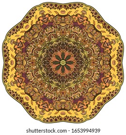 Mandala, tracery wheel mehndi design. Ethnic ornament, colorful doodle symmetry texture. Folk traditional spiritual tribal design. Curved shape, isolated on white. Color art. Vector