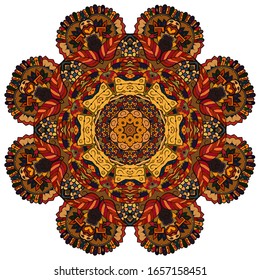 Mandala, tracery wheel mehndi design. Ethnic ornament, colorful doodle symmetry texture. Folk traditional spiritual tribal design. Curved shape, isolated on white. Color art. Vector