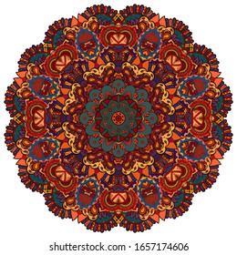 Mandala, tracery wheel mehndi design. Ethnic ornament, colorful doodle symmetry texture. Folk traditional spiritual tribal design. Curved shape, isolated on white. Color art. Vector