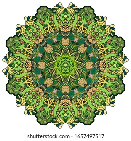 Mandala, tracery wheel mehndi design. Ethnic ornament, colorful doodle symmetry texture. Folk traditional spiritual tribal design. Curved shape, isolated on white. Color art. Vector