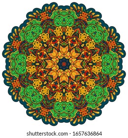 Mandala, tracery wheel mehndi design. Ethnic ornament, colorful doodle symmetry texture. Folk traditional spiritual tribal design. Curved shape, isolated on white. Color art. Vector