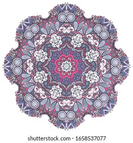 Mandala, tracery wheel mehndi design. Ethnic ornament, colorful doodle symmetry texture. Folk traditional spiritual tribal design. Curved shape, isolated on white. Color art. Vector