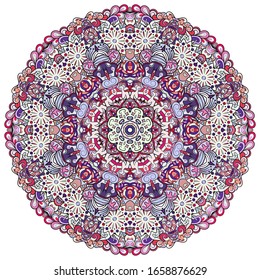 Mandala, tracery wheel mehndi design. Ethnic ornament, colorful doodle symmetry texture. Folk traditional spiritual tribal design. Curved shape, isolated on white. Color art. Vector