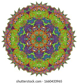 Mandala, tracery wheel mehndi design. Ethnic ornament, colorful doodle symmetry texture. Folk traditional spiritual tribal design. Curved shape, isolated on white. Color art. Vector