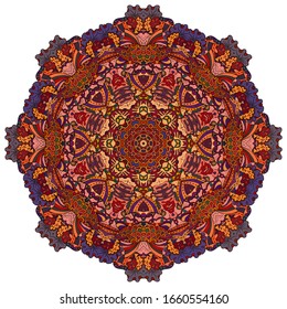 Mandala, tracery wheel mehndi design. Ethnic ornament, colorful doodle symmetry texture. Folk traditional spiritual tribal design. Curved shape, isolated on white. Color art. Vector
