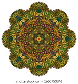 Mandala, tracery wheel mehndi design. Ethnic ornament, colorful doodle symmetry texture. Folk traditional spiritual tribal design. Curved shape, isolated on white. Color art. Vector