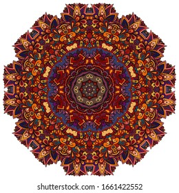 Mandala, tracery wheel mehndi design. Ethnic ornament, colorful doodle symmetry texture. Folk traditional spiritual tribal design. Curved shape, isolated on white. Color art. Vector