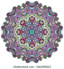 Mandala, tracery wheel mehndi design. Ethnic ornament, colorful doodle symmetry texture. Folk traditional spiritual tribal design. Curved shape, isolated on white. Color art. Vector