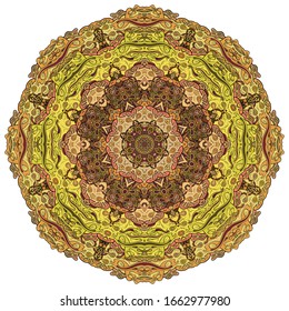 Mandala, tracery wheel mehndi design. Ethnic ornament, colorful doodle symmetry texture. Folk traditional spiritual tribal design. Curved shape, isolated on white. Color art. Vector