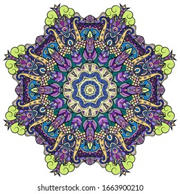Mandala, tracery wheel mehndi design. Ethnic ornament, colorful doodle symmetry texture. Folk traditional spiritual tribal design. Curved shape, isolated on white. Color art. Vector