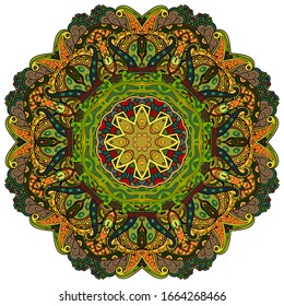 Mandala, tracery wheel mehndi design. Ethnic ornament, colorful doodle symmetry texture. Folk traditional spiritual tribal design. Curved shape, isolated on white. Color art. Vector