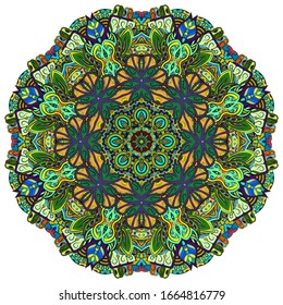 Mandala, tracery wheel mehndi design. Ethnic ornament, colorful doodle symmetry texture. Folk traditional spiritual tribal design. Curved shape, isolated on white. Color art. Vector
