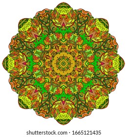 Mandala, tracery wheel mehndi design. Ethnic ornament, colorful doodle symmetry texture. Folk traditional spiritual tribal design. Curved shape, isolated on white. Color art. Vector