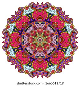 Mandala, tracery wheel mehndi design. Ethnic ornament, colorful doodle symmetry texture. Folk traditional spiritual tribal design. Curved shape, isolated on white. Color art. Vector