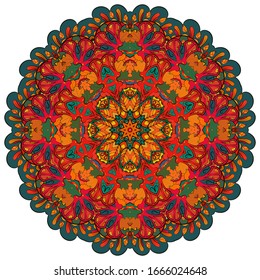Mandala, tracery wheel mehndi design. Ethnic ornament, colorful doodle symmetry texture. Folk traditional spiritual tribal design. Curved shape, isolated on white. Color art. Vector