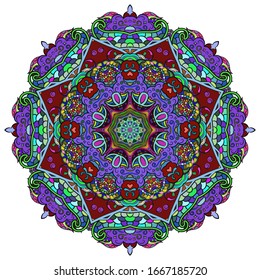 Mandala, tracery wheel mehndi design. Ethnic ornament, colorful doodle symmetry texture. Folk traditional spiritual tribal design. Curved shape, isolated on white. Color art. Vector