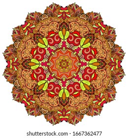 Mandala, tracery wheel mehndi design. Ethnic ornament, colorful doodle symmetry texture. Folk traditional spiritual tribal design. Curved shape, isolated on white. Color art. Vector