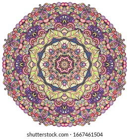 Mandala, tracery wheel mehndi design. Ethnic ornament, colorful doodle symmetry texture. Folk traditional spiritual tribal design. Curved shape, isolated on white. Color art. Vector