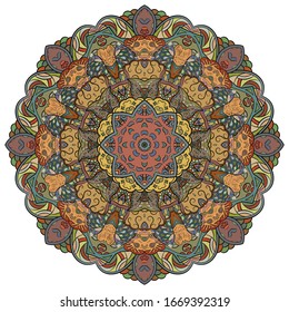 Mandala, tracery wheel mehndi design. Ethnic ornament, colorful doodle symmetry texture. Folk traditional spiritual tribal design. Curved shape, isolated on white. Color art. Vector
