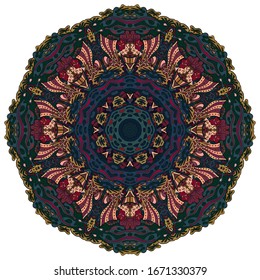 Mandala, tracery wheel mehndi design. Ethnic ornament, colorful doodle symmetry texture. Folk traditional spiritual tribal design. Curved shape, isolated on white. Color art. Vector