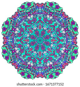 Mandala, tracery wheel mehndi design. Ethnic ornament, colorful doodle symmetry texture. Folk traditional spiritual tribal design. Curved shape, isolated on white. Color art. Vector