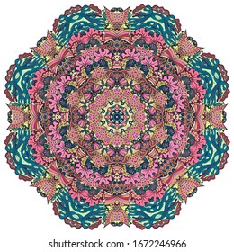 Mandala, tracery wheel mehndi design. Ethnic ornament, colorful doodle symmetry texture. Folk traditional spiritual tribal design. Curved shape, isolated on white. Color art. Vector