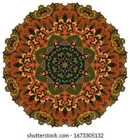 Mandala, tracery wheel mehndi design. Ethnic ornament, colorful doodle symmetry texture. Folk traditional spiritual tribal design. Curved shape, isolated on white. Color art. Vector