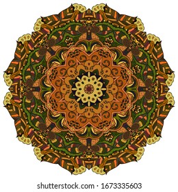 Mandala, tracery wheel mehndi design. Ethnic ornament, colorful doodle symmetry texture. Folk traditional spiritual tribal design. Curved shape, isolated on white. Color art. Vector