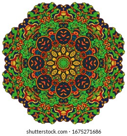 Mandala, tracery wheel mehndi design. Ethnic ornament, colorful doodle symmetry texture. Folk traditional spiritual tribal design. Curved shape, isolated on white. Color art. Vector
