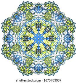 Mandala, tracery wheel mehndi design. Ethnic ornament, colorful doodle symmetry texture. Folk traditional spiritual tribal design. Curved shape, isolated on white. Color art. Vector