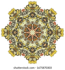 Mandala, tracery wheel mehndi design. Ethnic ornament, colorful doodle symmetry texture. Folk traditional spiritual tribal design. Curved shape, isolated on white. Color art. Vector