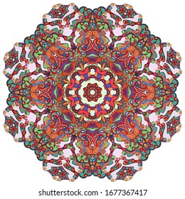 Mandala, tracery wheel mehndi design. Ethnic ornament, colorful doodle symmetry texture. Folk traditional spiritual tribal design. Curved shape, isolated on white. Color art. Vector